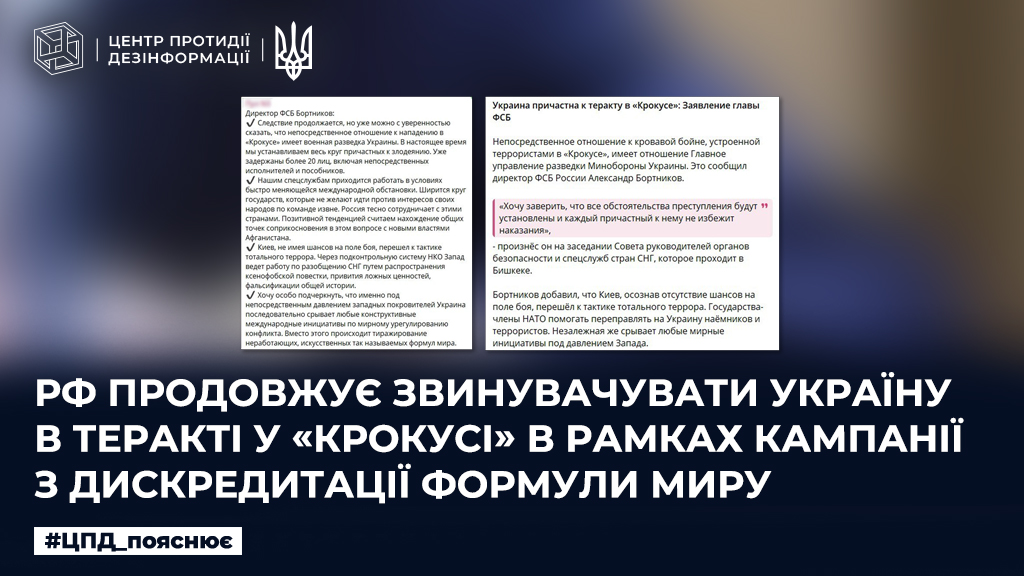 рф продовжує звинувачувати Україну в теракті у «Крокусі» в рамках кампанії з дискредитації Формули миру